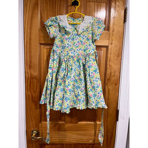 Vintage Mousefeathers Girls Dress Pastel Floral Peter Pan Collar Puff Sleeve